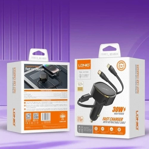 شارژر فندکی الدینیو مدل C107 توان 30 وات با کابل جمع شونده و پشتیبانی از Typ C و Lightning