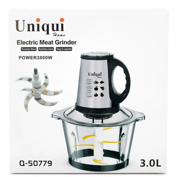 خردکن و گوشت کوب برقی Uniqui مدل Q-50779 با توان قدرتمند 3000 وات و کاسه شیشه ای 3 لیتری