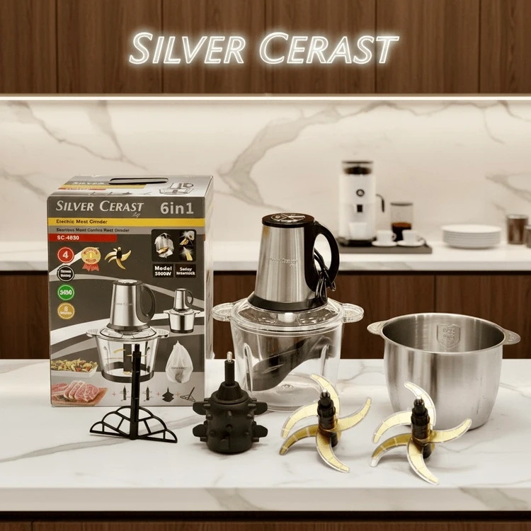 خردکن دو کاسه ای سیلور کرست اصل آلمان-6+4 تیغه تیتانیوم طلایی همراه با سیر پوست کن و همزن- 3 کاره-قدرت دستگاه 3000W وات
